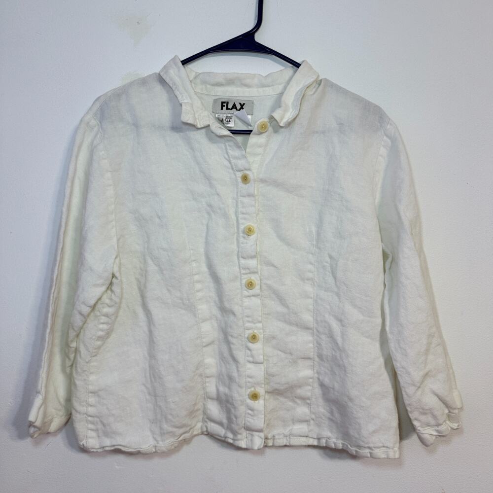 Flax women's small white 100% linen oversized cropped quarter sleeve button up
